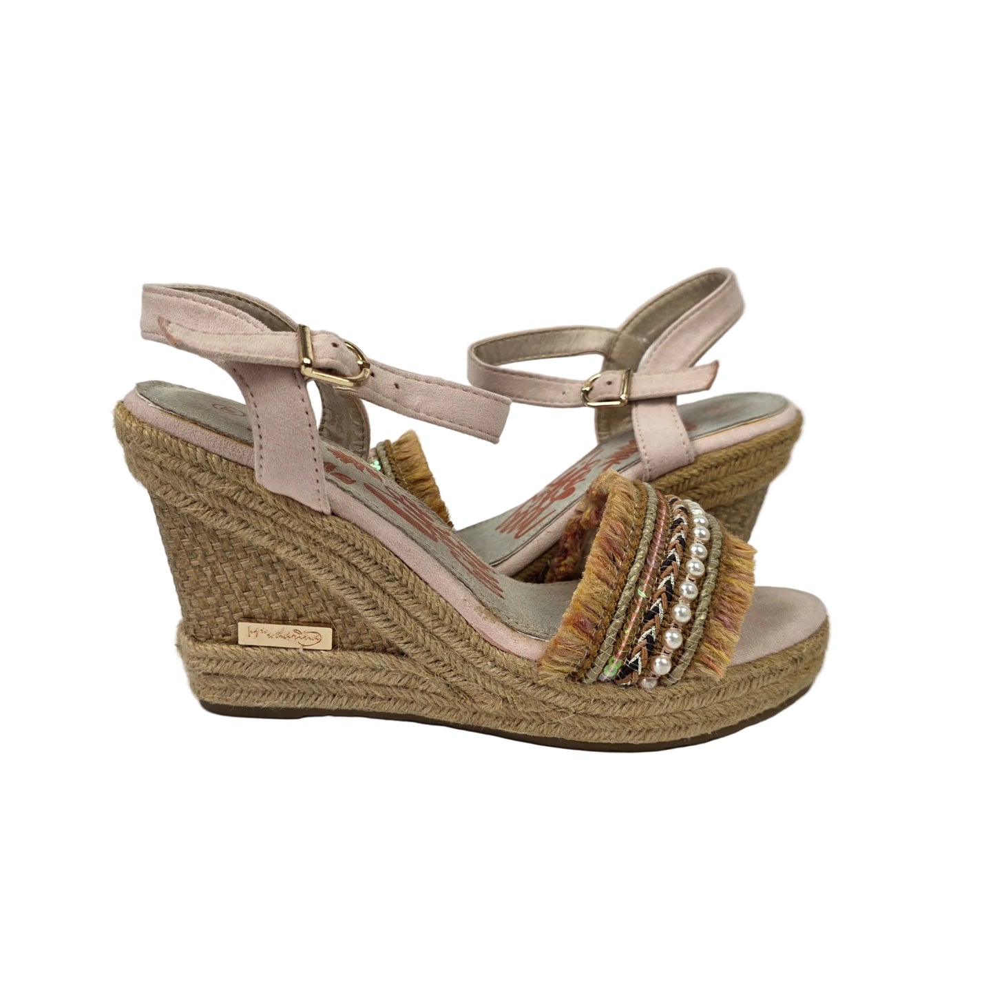 Sandalias de Cuña Pasarela Concept Rosa Palo con Detalle Étnico y Perlas