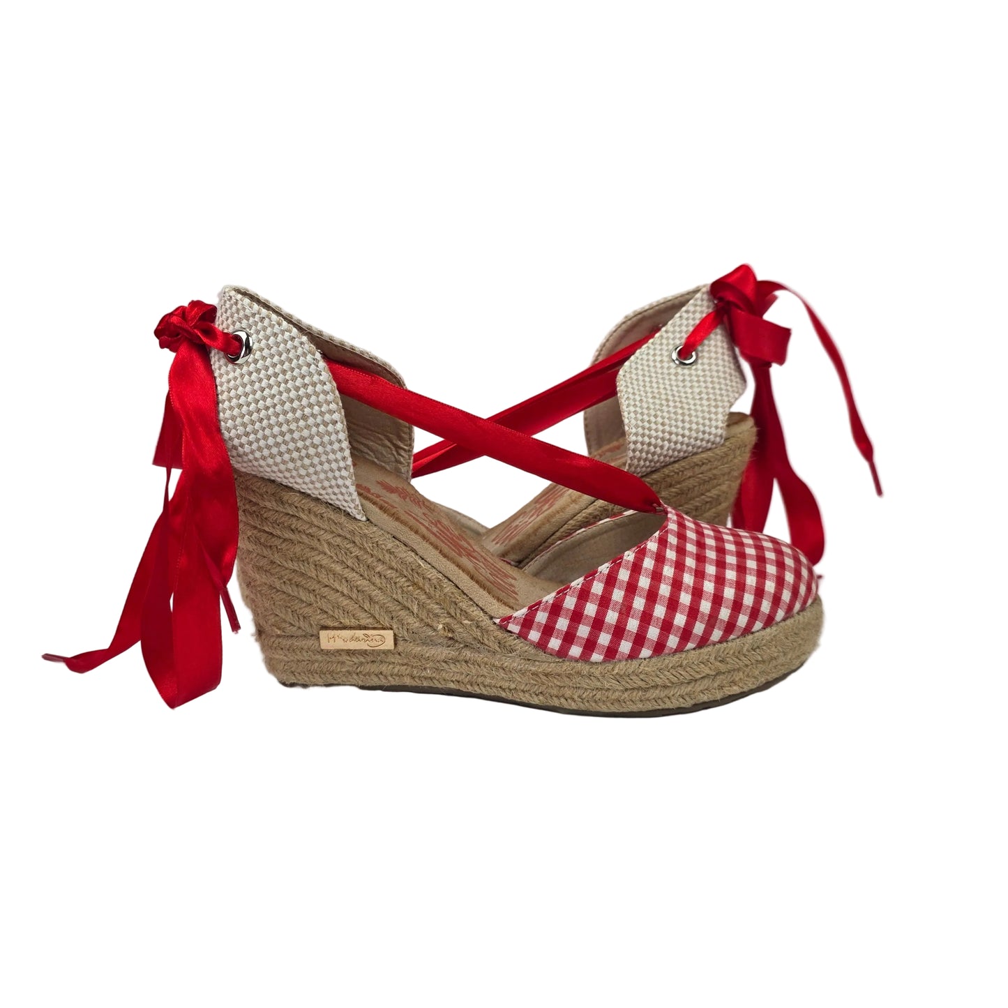 Sandalia de Cuña Pasarela Concept Vichy Rojo con Cintas de Raso