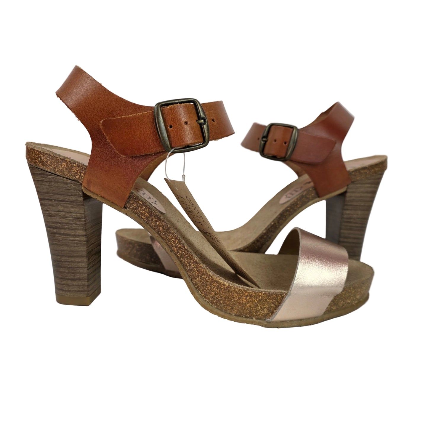 Sandalia de Tacón Carmela de Piel Cuero y Oro Rosa – Pasarela Concept