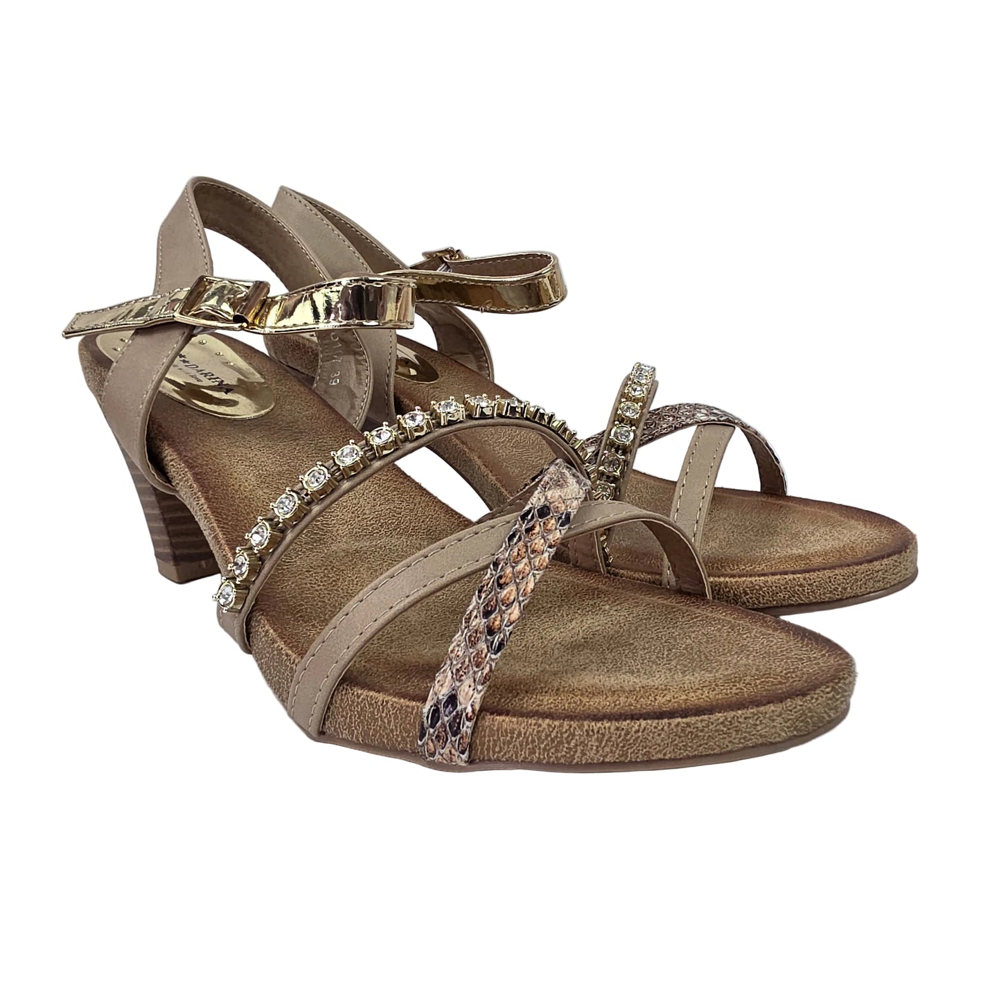 Sandalias de Tacón Pasarela Concept Multi-textura en Beige y Oro con Strass