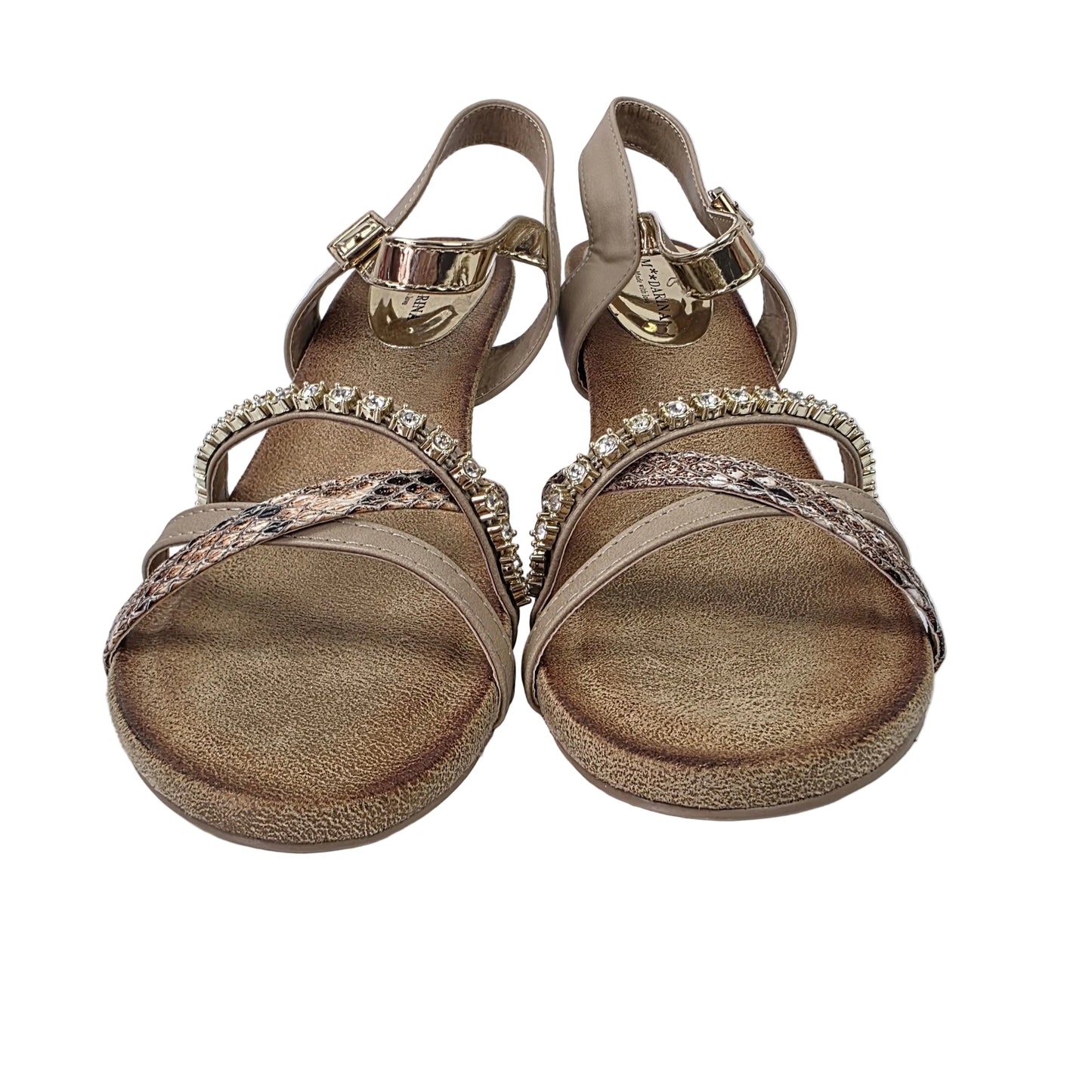 Sandalias de Tacón Pasarela Concept Multi-textura en Beige y Oro con Strass
