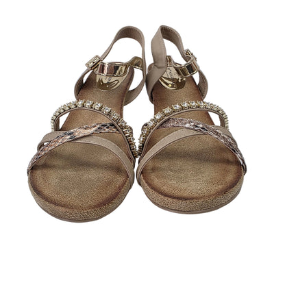 Sandalias de Tacón Pasarela Concept Multi-textura en Beige y Oro con Strass