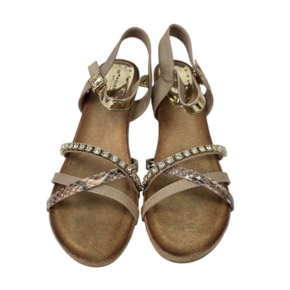 Sandalias de Tacón Pasarela Concept Multi-textura en Beige y Oro con Strass