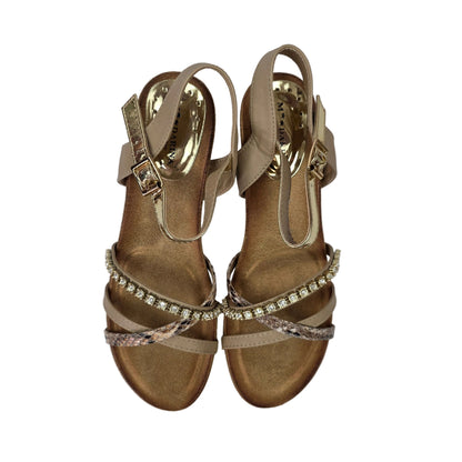 Sandalias de Tacón Pasarela Concept Multi-textura en Beige y Oro con Strass