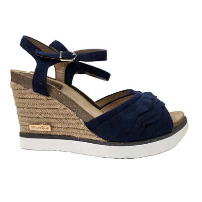 Sandalias de Cuña Pasarela Concept Azul Marino con Volantes y Plantilla de Piel
