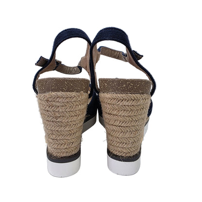 Sandalias de Cuña Pasarela Concept Azul Marino con Volantes y Plantilla de Piel