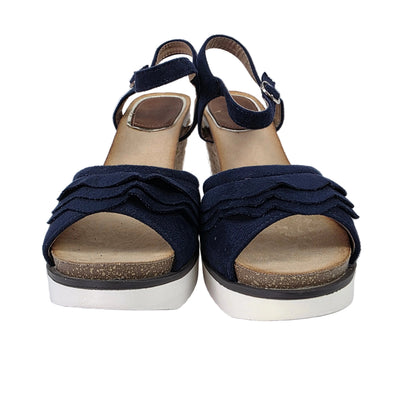 Sandalias de Cuña Pasarela Concept Azul Marino con Volantes y Plantilla de Piel
