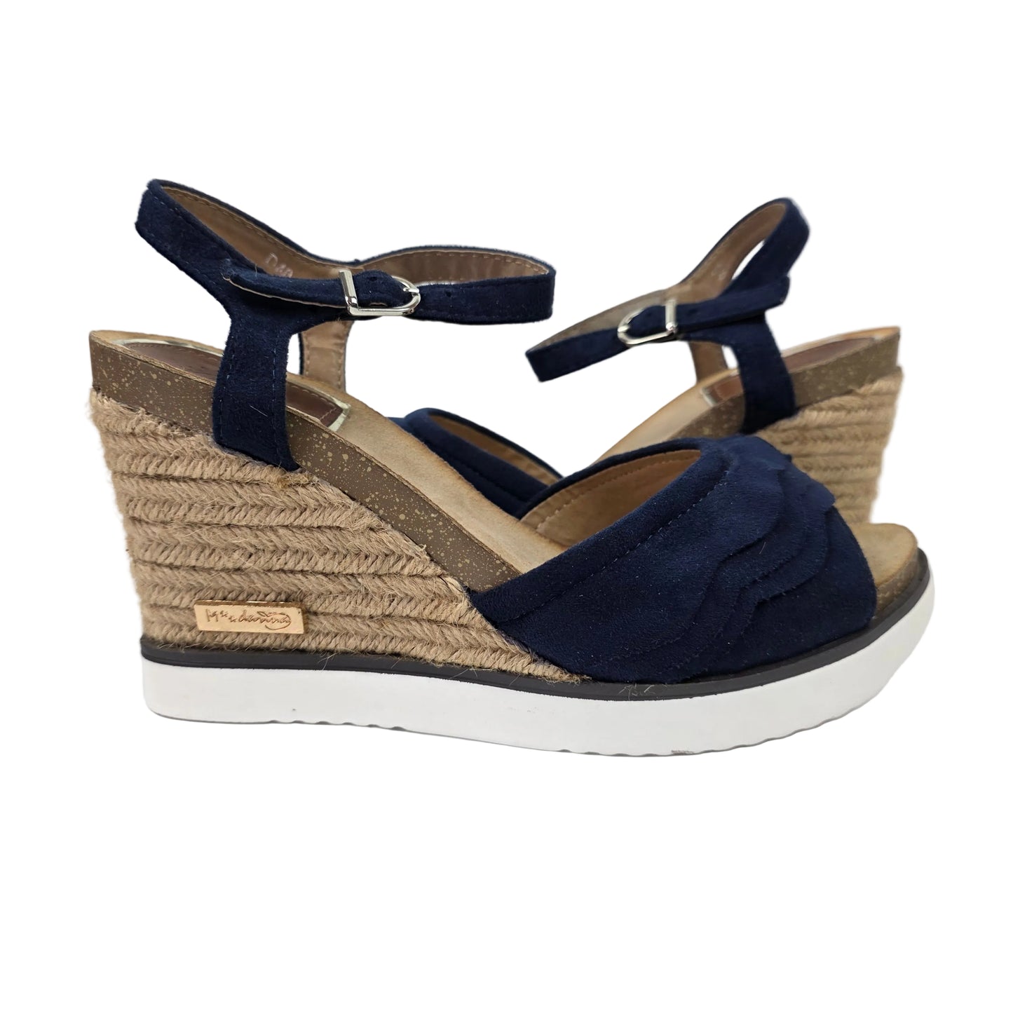 Sandalias de Cuña Pasarela Concept Azul Marino con Volantes y Plantilla de Piel