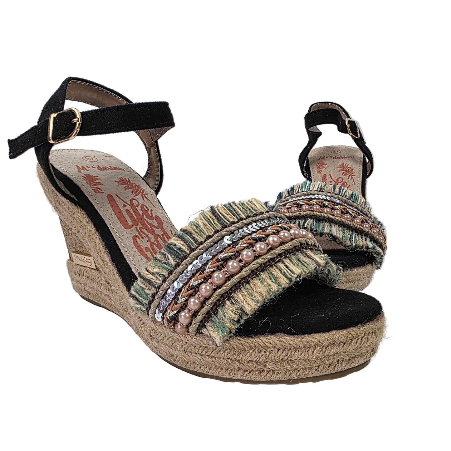 Sandalias de Cuña Pasarela Concept Negra con Detalle Étnico y Perlas