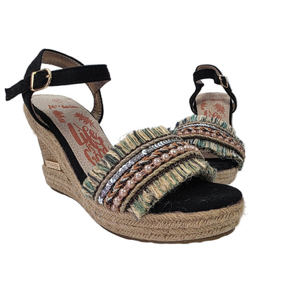 Sandalias de Cuña Pasarela Concept Negra con Detalle Étnico y Perlas