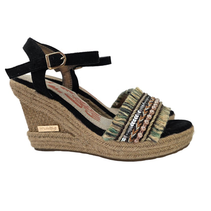 Sandalias de Cuña Pasarela Concept Negra con Detalle Étnico y Perlas