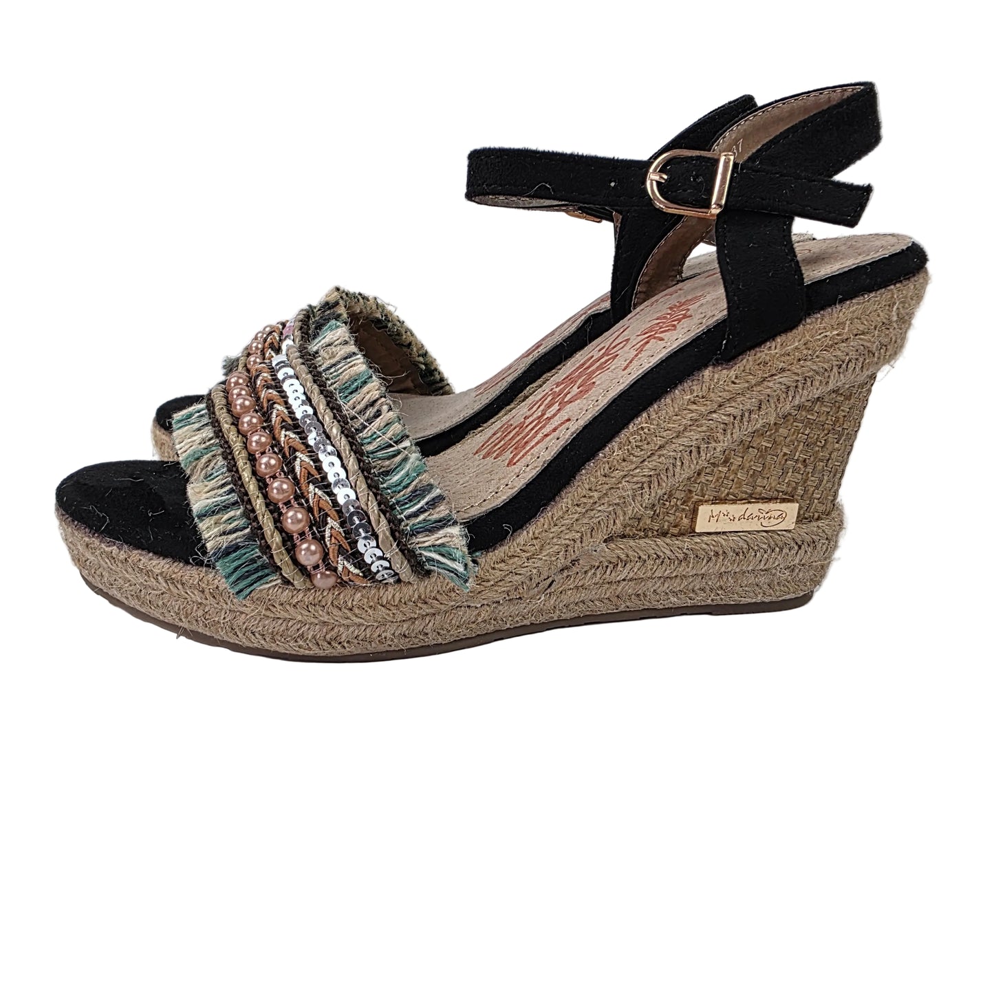 Sandalias de Cuña Pasarela Concept Negra con Detalle Étnico y Perlas