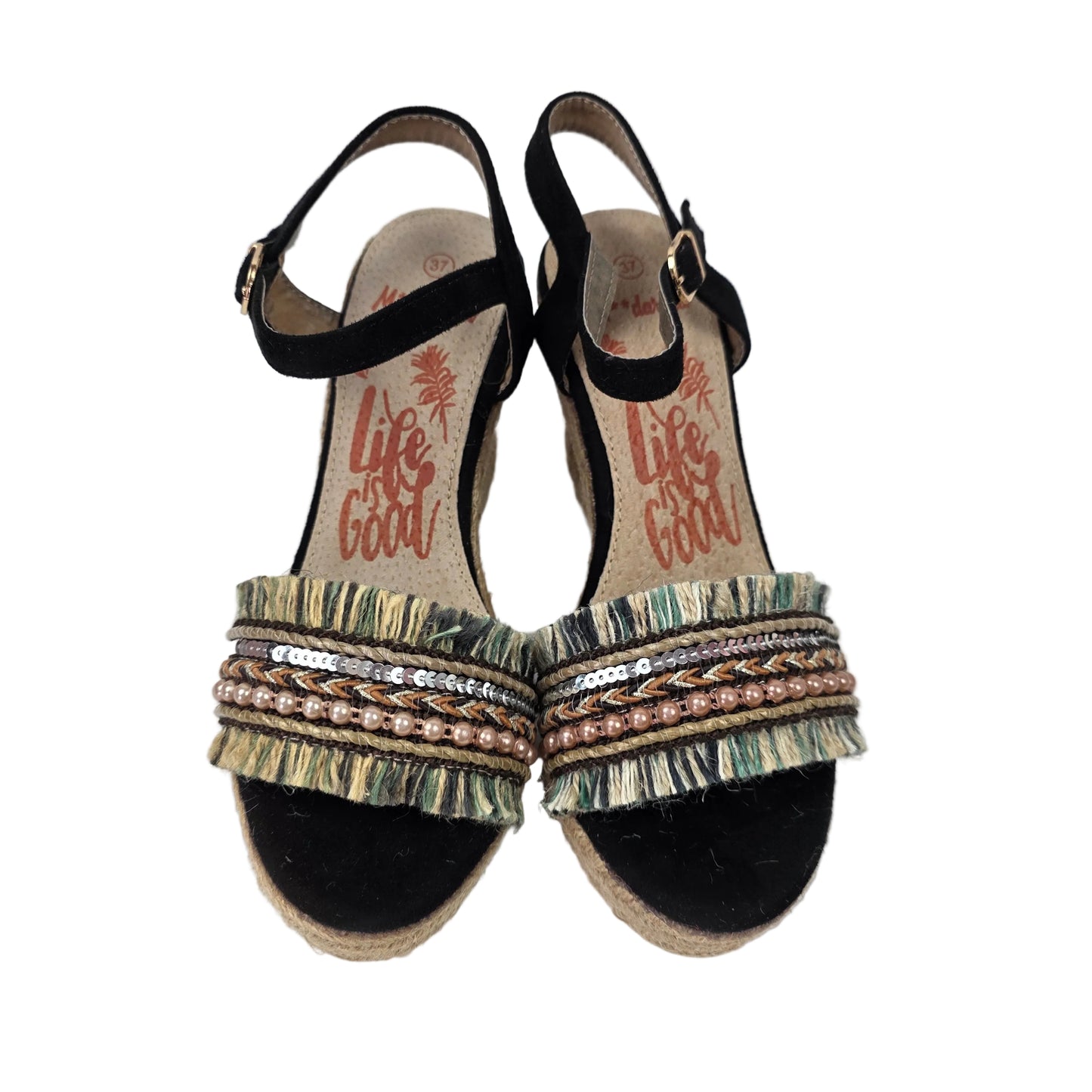 Sandalias de Cuña Pasarela Concept Negra con Detalle Étnico y Perlas