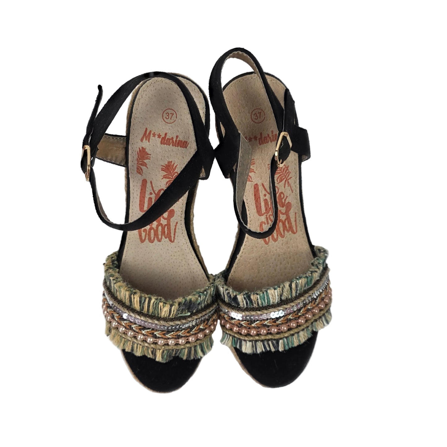 Sandalias de Cuña Pasarela Concept Negra con Detalle Étnico y Perlas