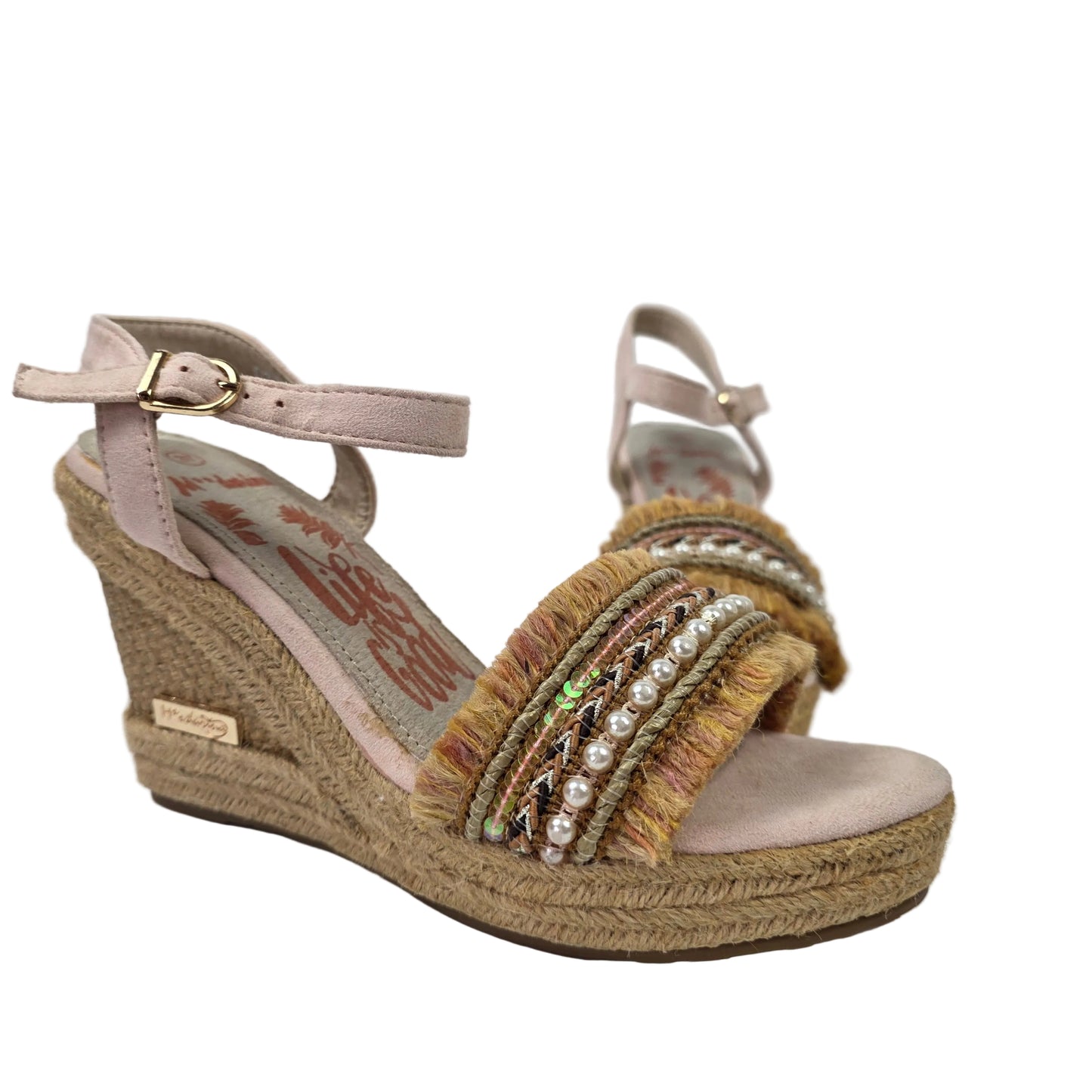 Sandalias de Cuña Pasarela Concept Rosa Palo con Detalle Étnico y Perlas