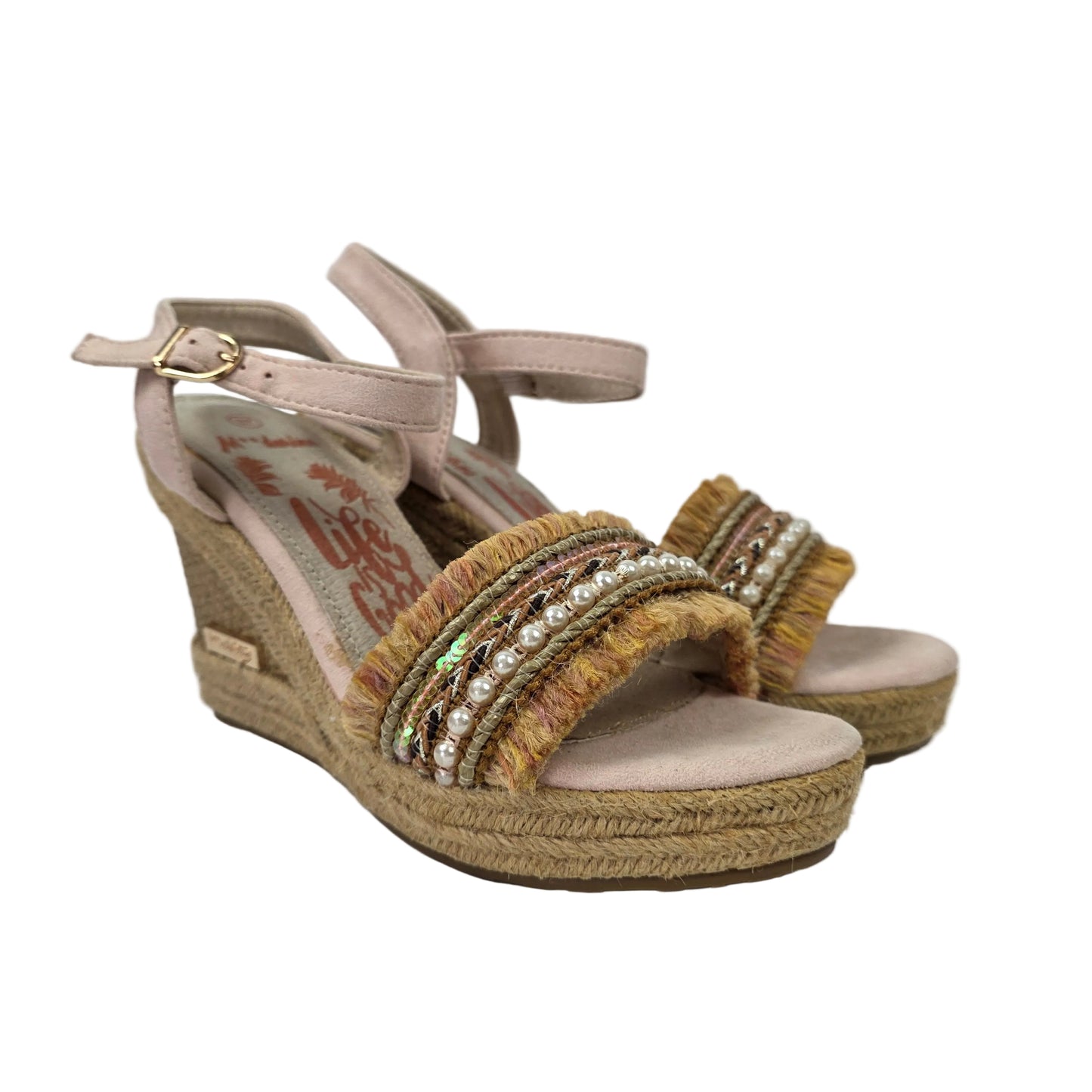 Sandalias de Cuña Pasarela Concept Rosa Palo con Detalle Étnico y Perlas