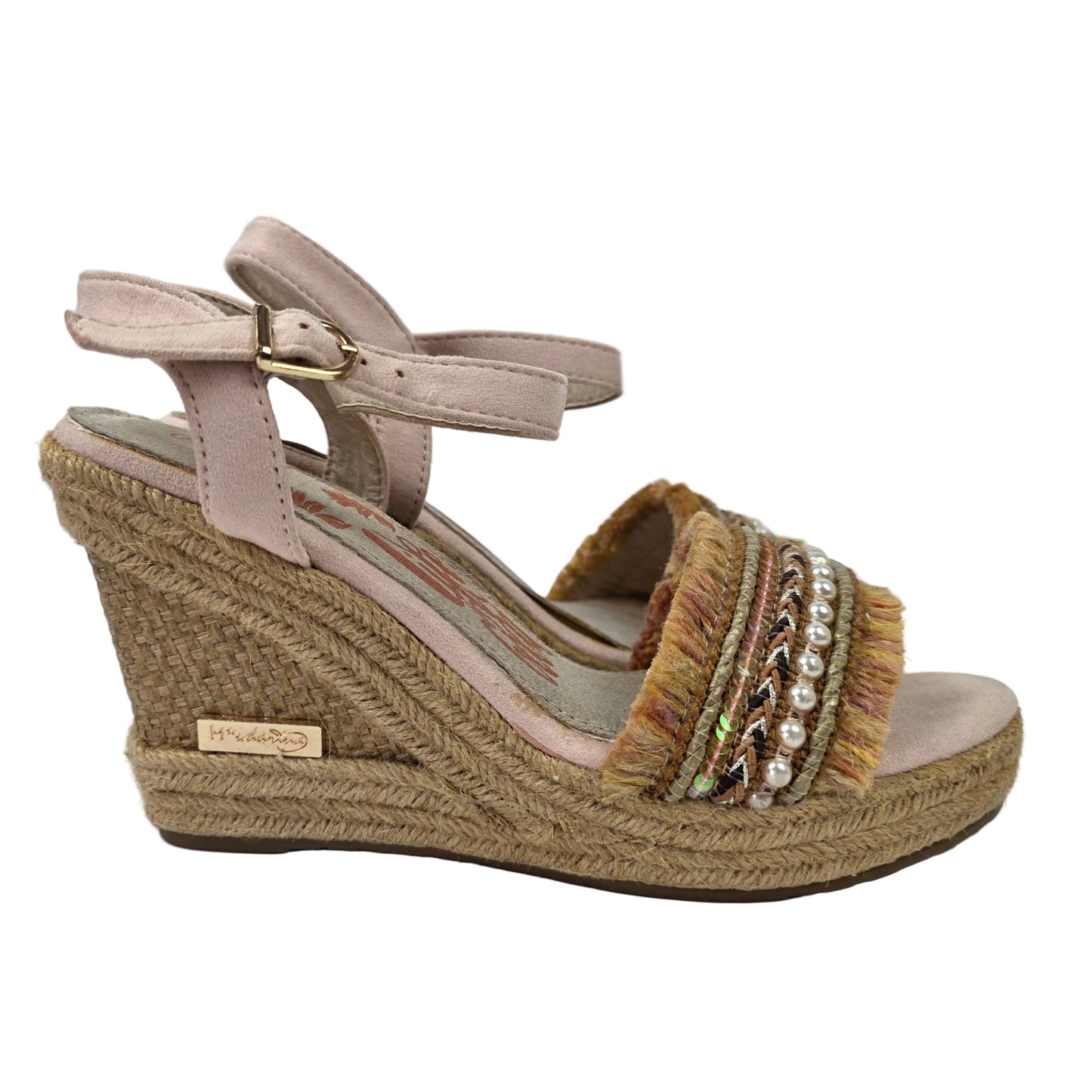 Sandalias de Cuña Pasarela Concept Rosa Palo con Detalle Étnico y Perlas