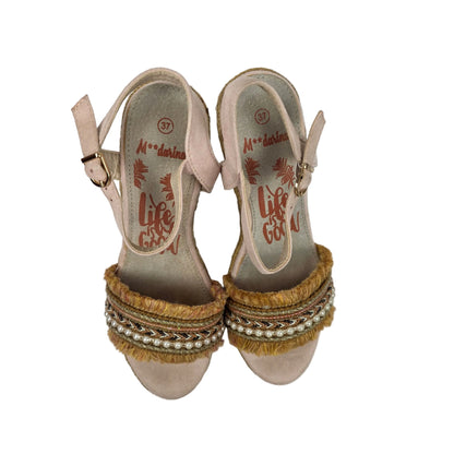 Sandalias de Cuña Pasarela Concept Rosa Palo con Detalle Étnico y Perlas