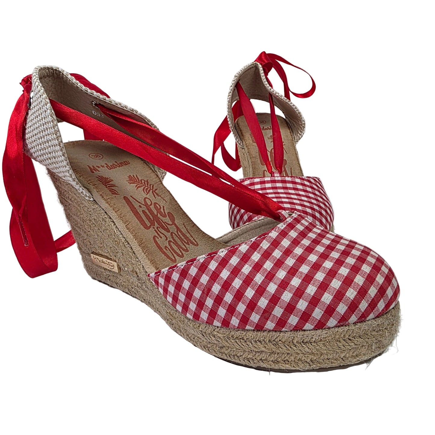 Sandalia de Cuña Pasarela Concept Vichy Rojo con Cintas de Raso