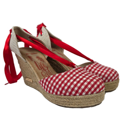 Sandalia de Cuña Pasarela Concept Vichy Rojo con Cintas de Raso