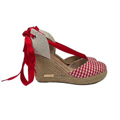 Sandalia de Cuña Pasarela Concept Vichy Rojo con Cintas de Raso