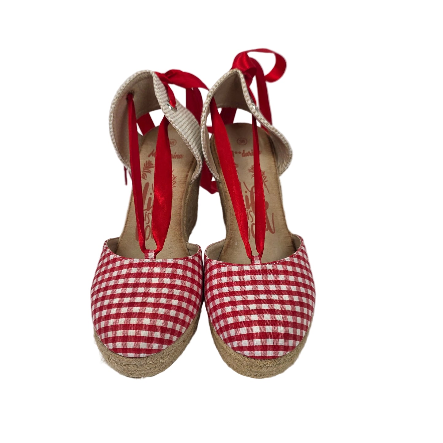 Sandalia de Cuña Pasarela Concept Vichy Rojo con Cintas de Raso