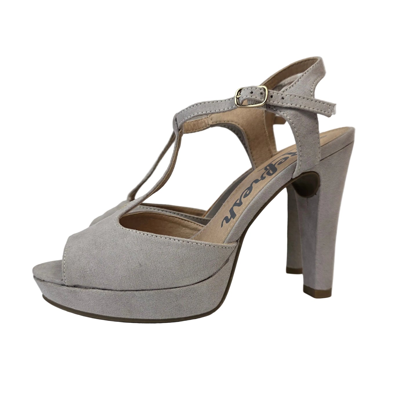 Sandalia de Tacón Refresh Color Hielo en Antelina con Tira en T – Pasarela Concept