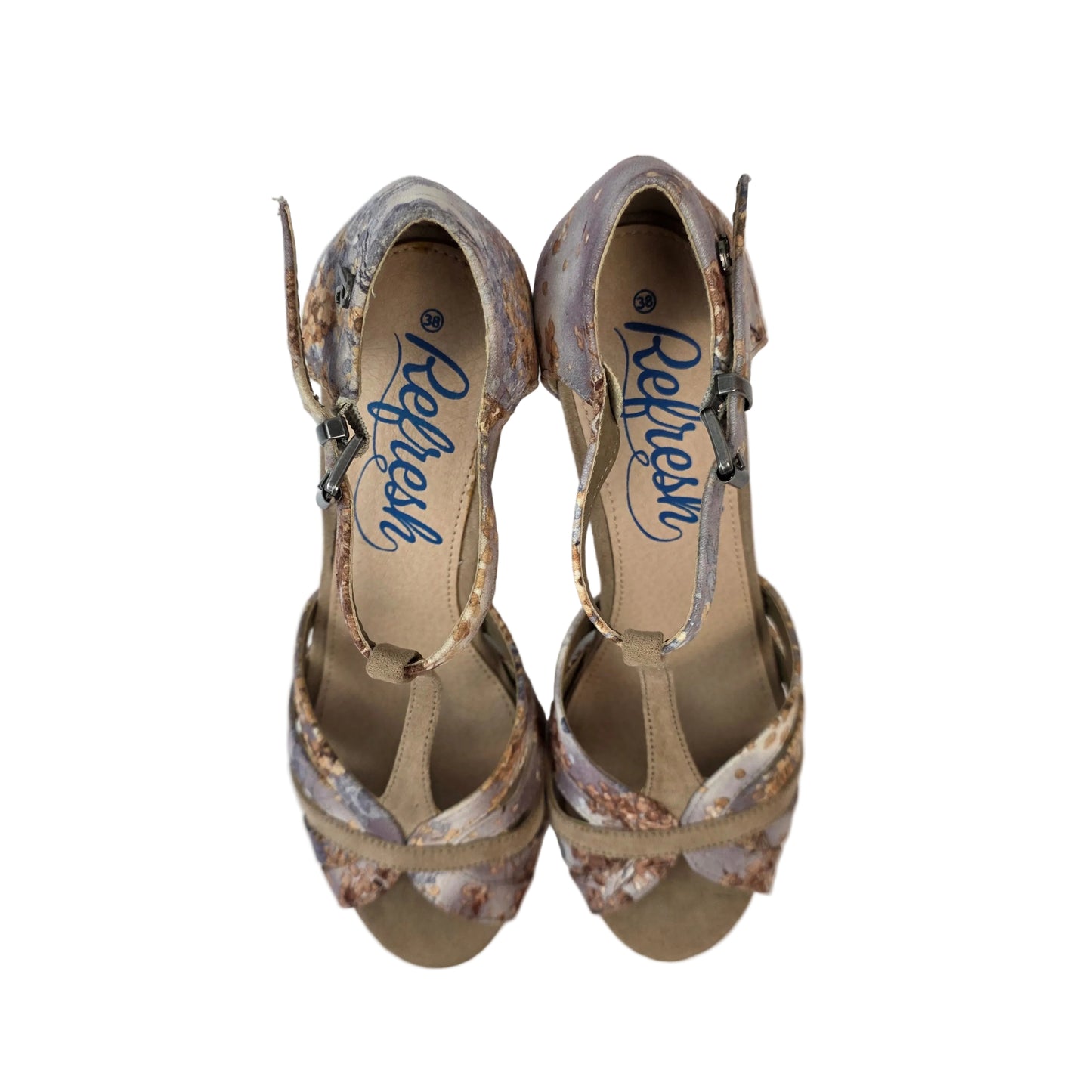 Sandalia de Tacón Refresh Topo con Estampado Floral Artístico y Tira en T – Pasarela Concept