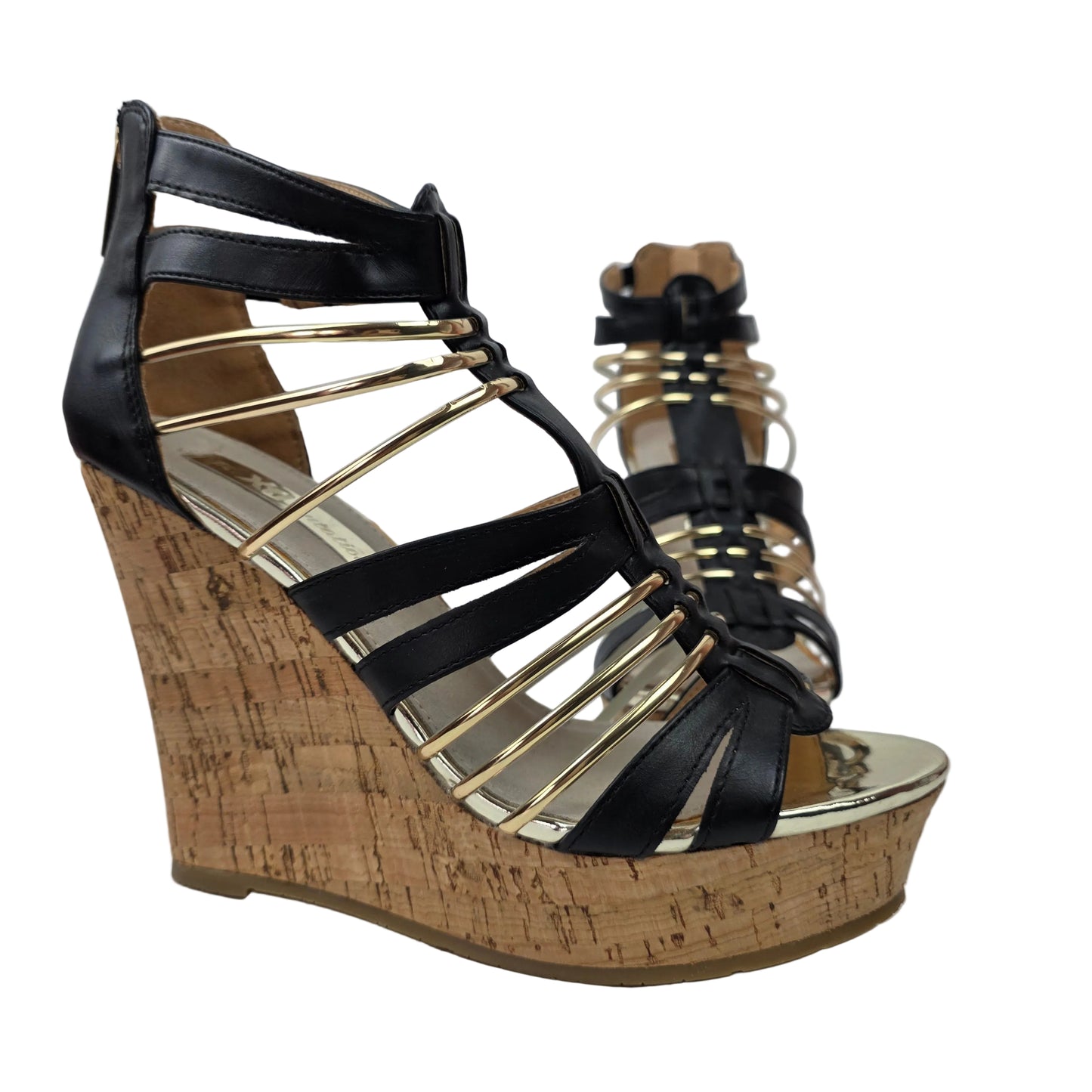 Sandalias de Cuña Xti Negras y Oro con Diseño de Tiras y Corcho – Pasarela Concept