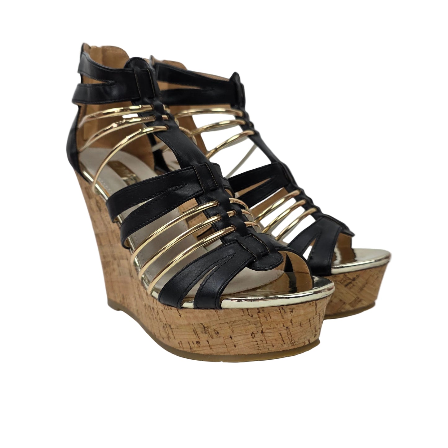 Sandalias de Cuña Xti Negras y Oro con Diseño de Tiras y Corcho – Pasarela Concept