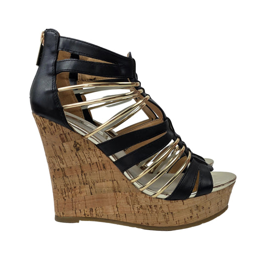 Sandalias de Cuña Xti Negras y Oro con Diseño de Tiras y Corcho – Pasarela Concept