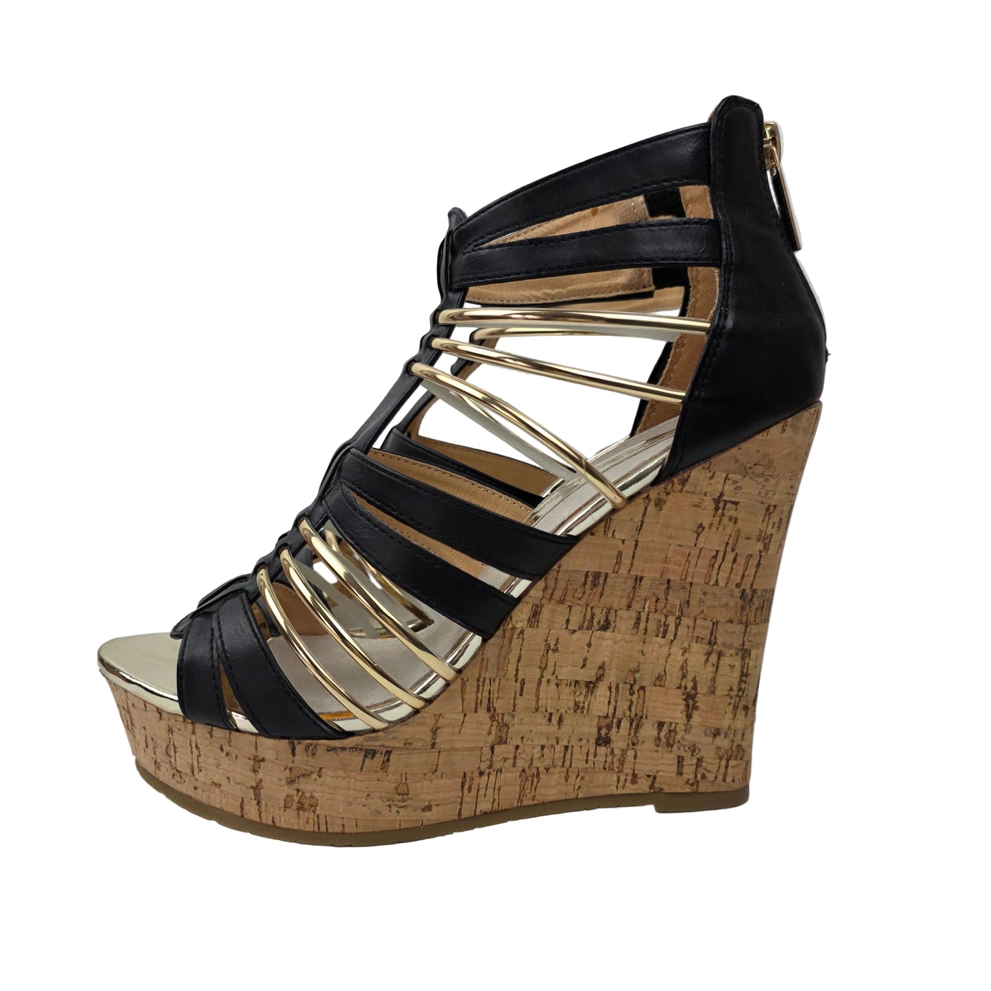 Sandalias de Cuña Xti Negras y Oro con Diseño de Tiras y Corcho – Pasarela Concept