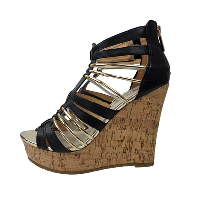Sandalias de Cuña Xti Negras y Oro con Diseño de Tiras y Corcho – Pasarela Concept