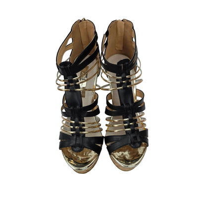 Sandalias de Cuña Xti Negras y Oro con Diseño de Tiras y Corcho – Pasarela Concept