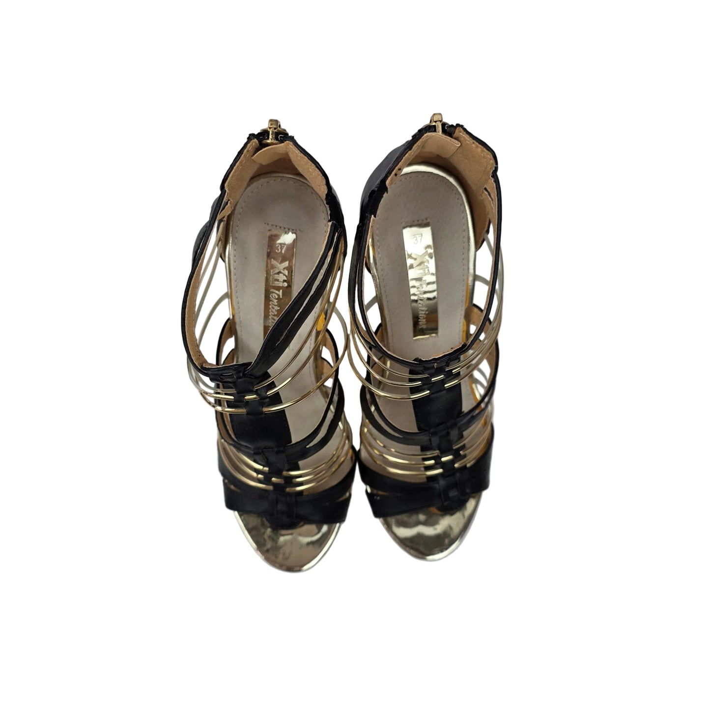 Sandalias de Cuña Xti Negras y Oro con Diseño de Tiras y Corcho – Pasarela Concept