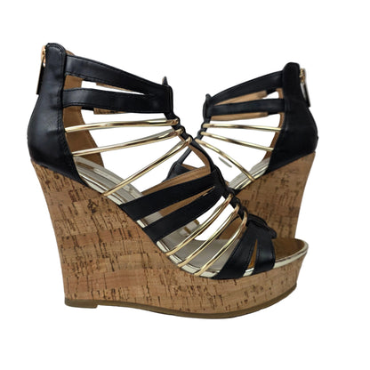 Sandalias de Cuña Xti Negras y Oro con Diseño de Tiras y Corcho – Pasarela Concept