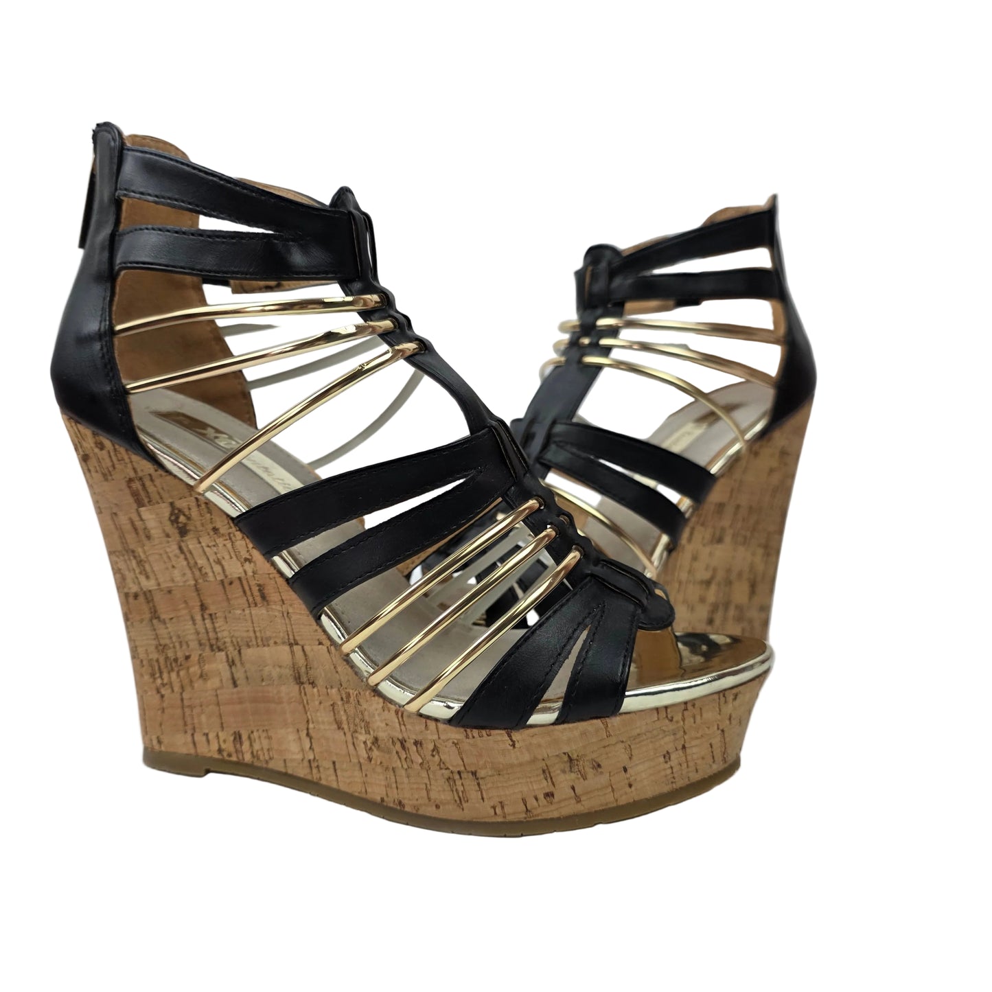 Sandalias de Cuña Xti Negras y Oro con Diseño de Tiras y Corcho – Pasarela Concept