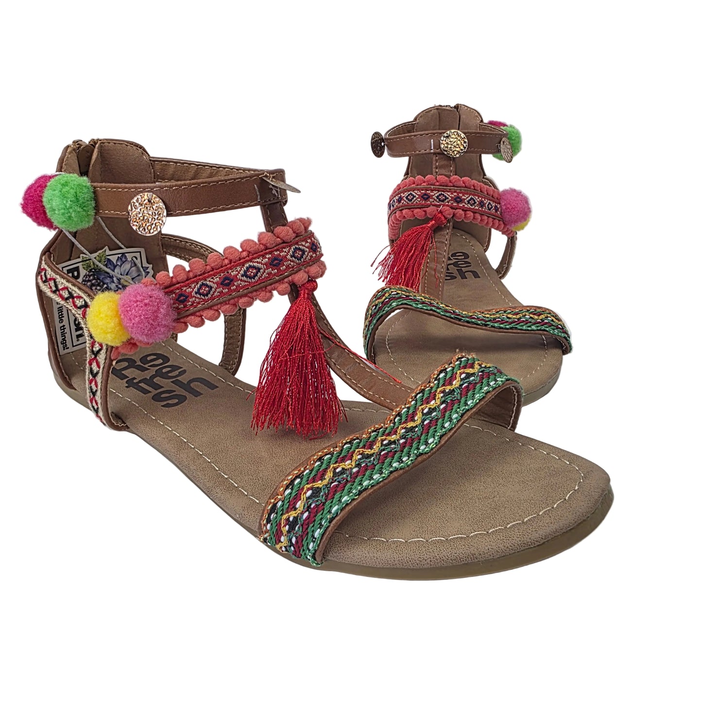 Sandalias Planas Boho con Pompones Refresh Color Camel – Pasarela Concept