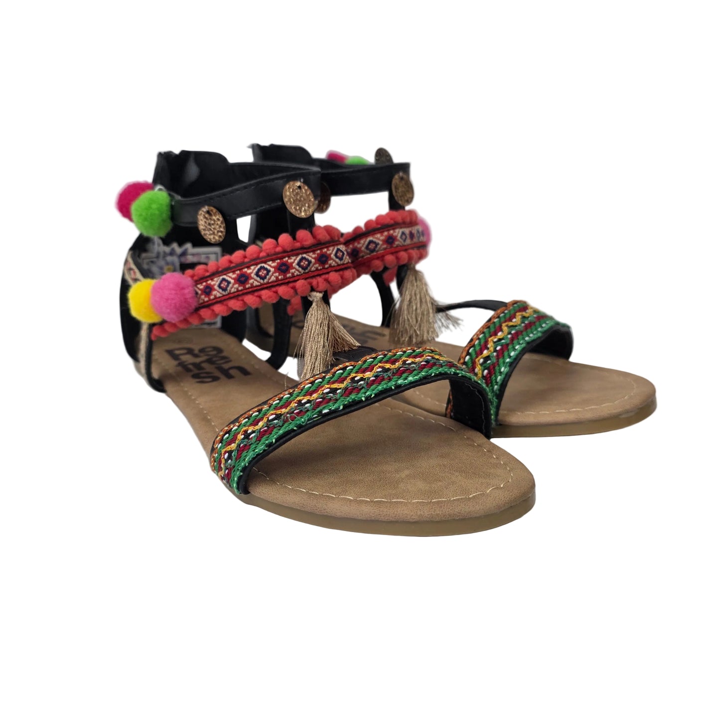 Sandalias Planas Boho con Pompones Refresh Color Negro – Pasarela Concept