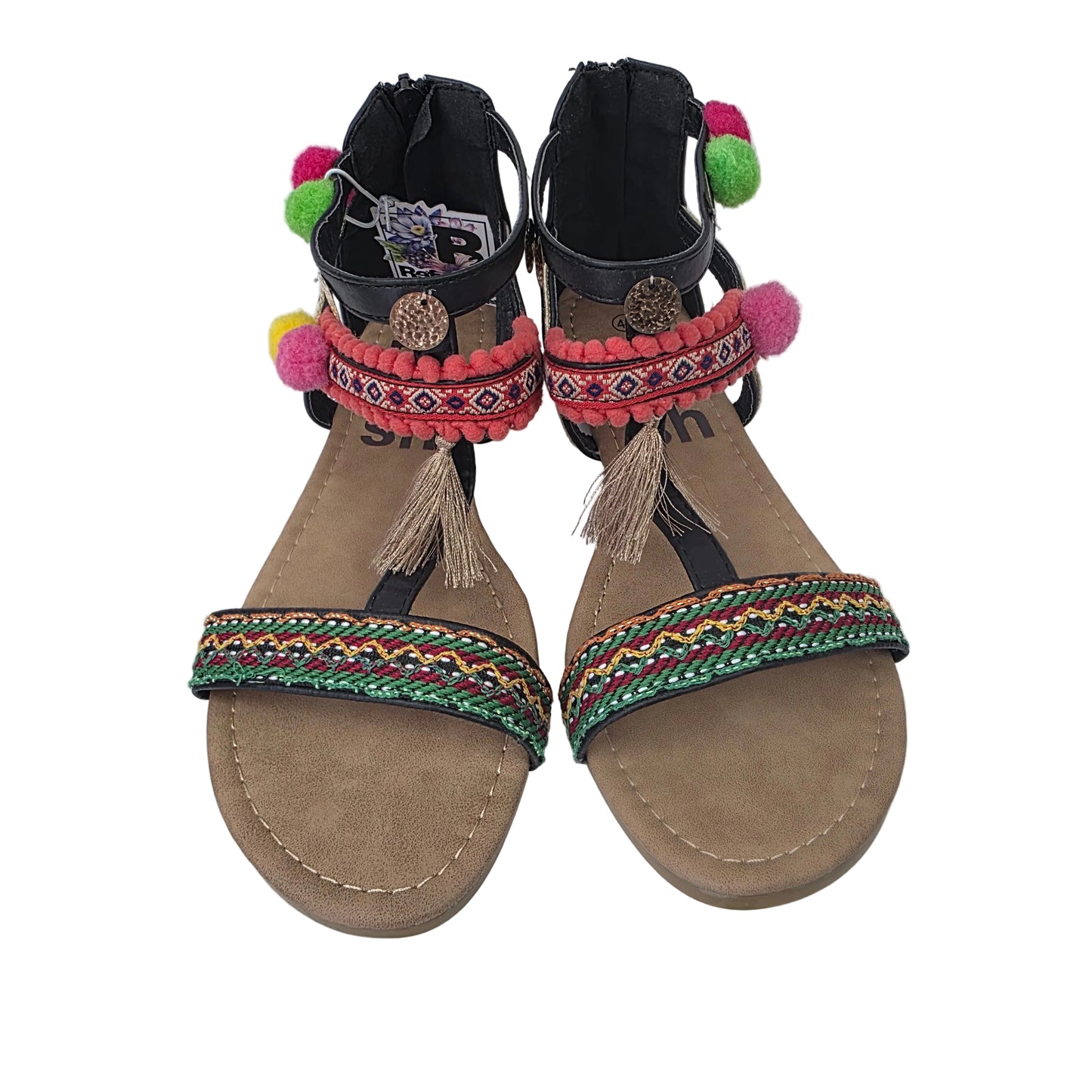 Sandalias Planas Boho con Pompones Refresh Color Negro – Pasarela Concept