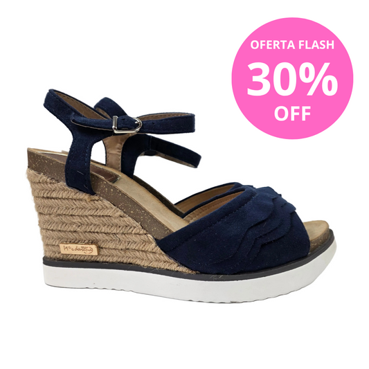 Sandalias de Cuña Pasarela Concept Azul Marino con Volantes y Plantilla de Piel
