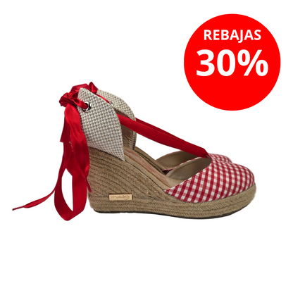 Sandalia de Cuña Pasarela Concept Vichy Rojo con Cintas de Raso