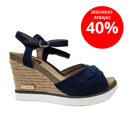 Sandalias de Cuña Pasarela Concept Azul Marino con Volantes y Plantilla de Piel