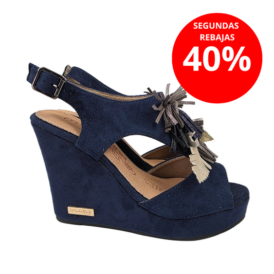 Sandalias de Cuña Pasarela Concept Azul Marino con Borlas Metalizadas